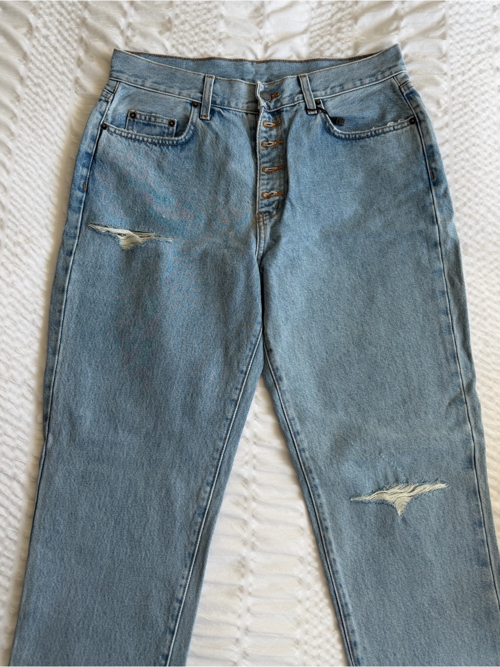 Carmar Light Blue Straight Leg Jeans with Distressed Knees & Back